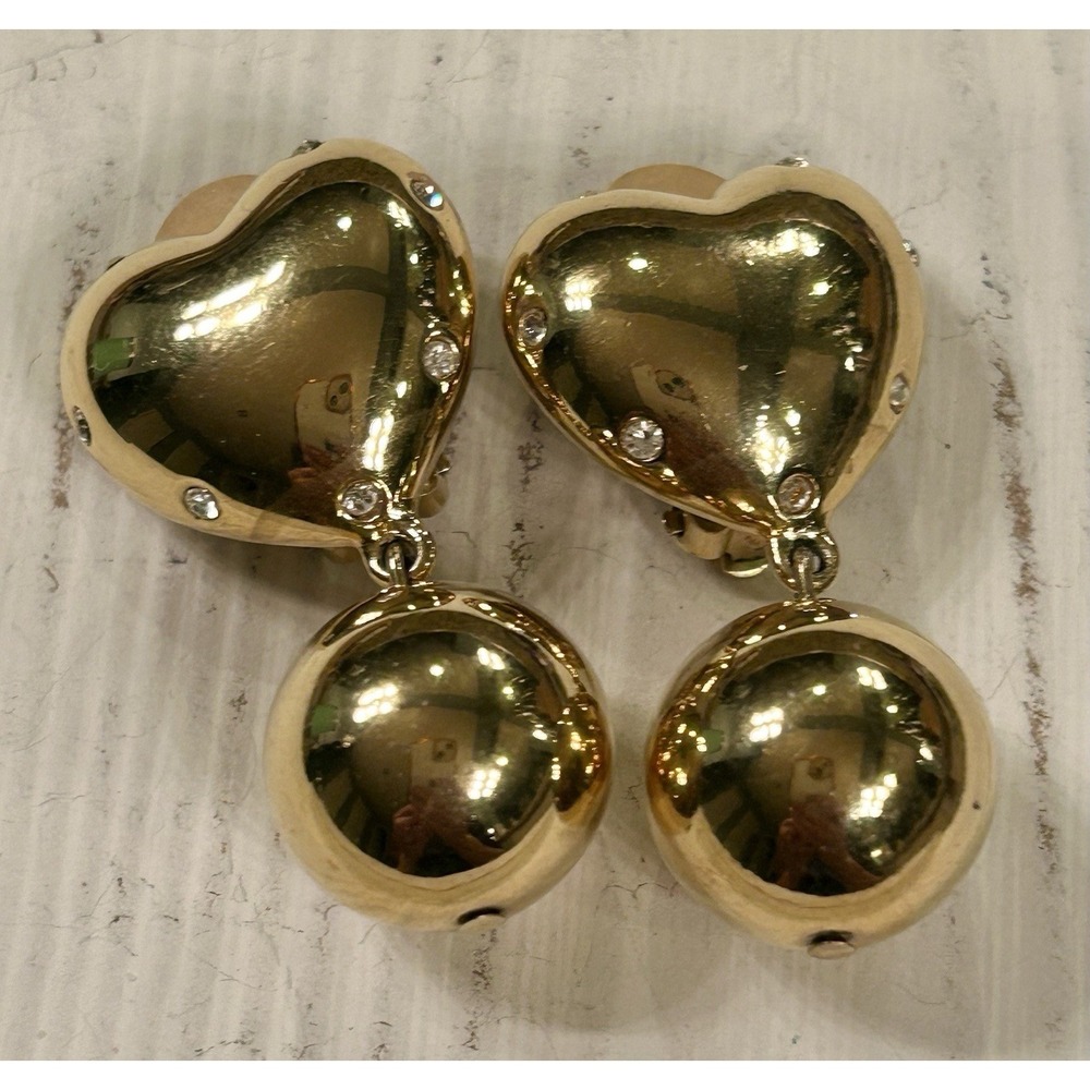 Givenchy Vintage Heart Ball Drop Earrings Rhinestone Gold Chunky Signed 1980s